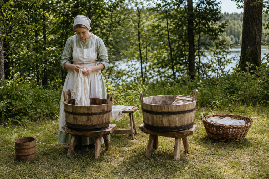 Hand Washing Laundry With Washboards, Sticks, And Stones Hand Washing Laundry With Washboards, Sticks, And Stones