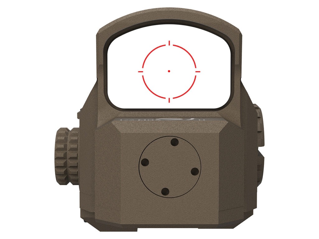 The rear view of an FDE Leupold LCO Pro F2 showing its circle and compass reticle.